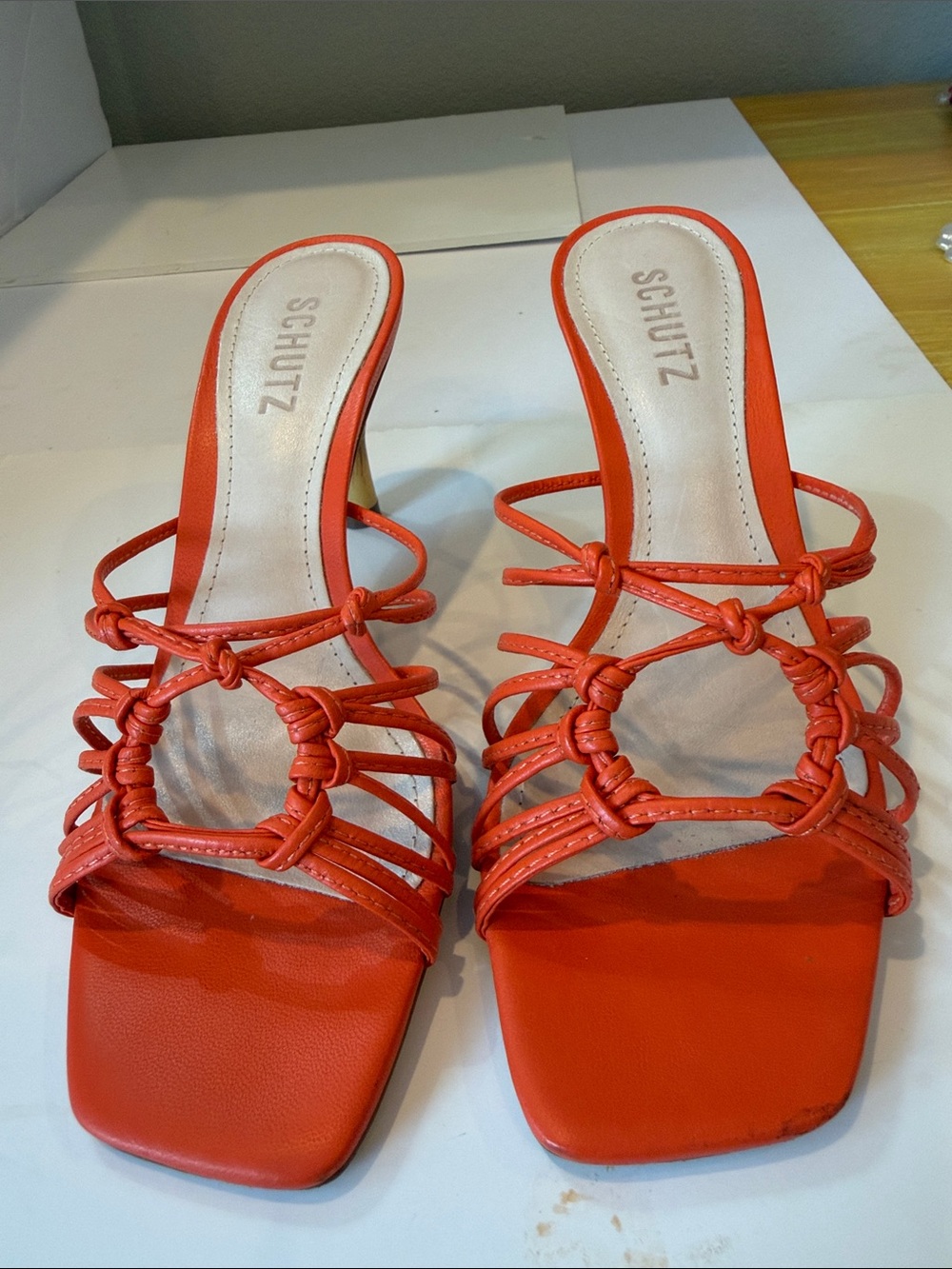 SCHUTZ Bright Orange Knotted Strap Mule Heels